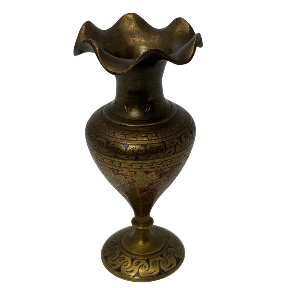 Vintage Brass Petite Vase Etched Floral vin motif Ruffled Rim Made in India